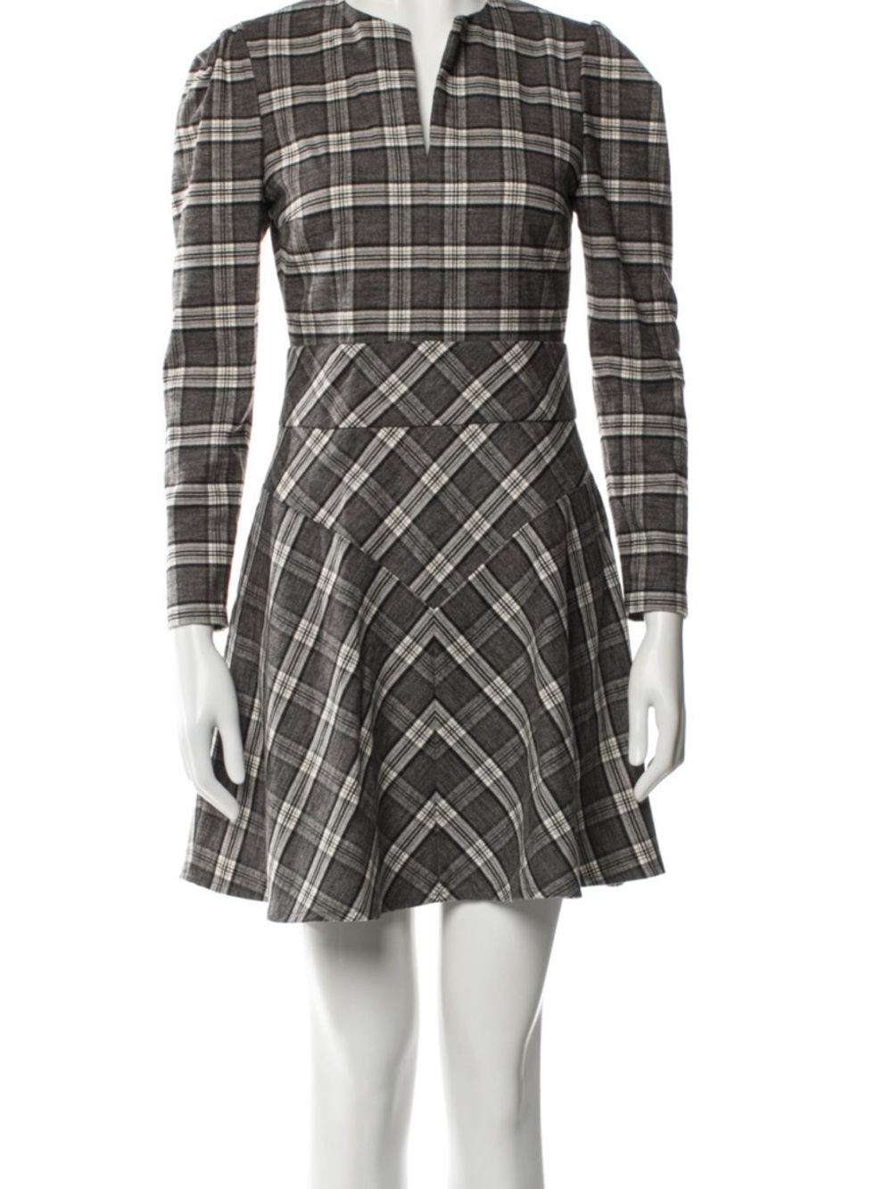 Maje Long-Sleeve Wool Blend Fit & Flare Dress in Gray Plaid Sz 1 (Sm) Like New!